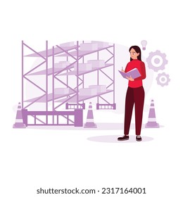 Retail employees stand, take notes and look for logistics items in shopping centers. Trend Modern vector flat illustration.