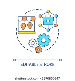 Symbol für das Erweiterungskonzept für den Einzelhandel. Eröffnen Sie neue Standorte abstrakte Idee dünne Linie Illustration. E-Commerce-Geschäft. Marktwachstum. Einzeln Umrisszeichnung. Bearbeitbarer Hub