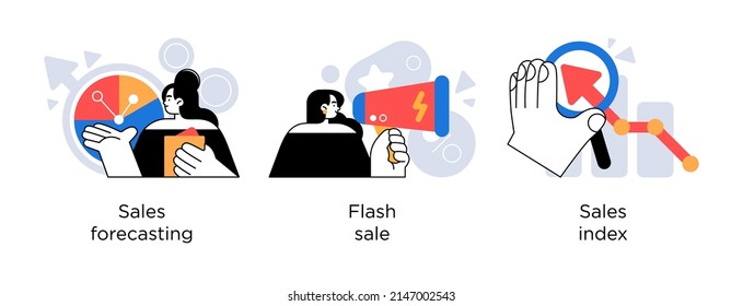 Retail financial strategy and sales analytics - set of business concept illustrations. Sales forecasting, flash sale and sale index. Visual stories collection.