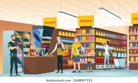 Retail food market. People shopping at the supermarket, choosing products on the shelves and pushing carts or shopping baskets
