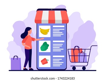 Retail food, shop to online. Smartphone app for shopping goods. Woman makes purchases via phone online, choosing product. Shopping cart for buyer with food. E-commerce on smartphone. Vector flat