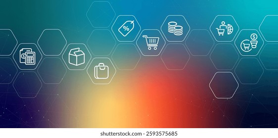 Retail gradient header customer service satisfaction supply stock management distribution commercial promotion development business profit marketing strategy shop planning icon design illustration