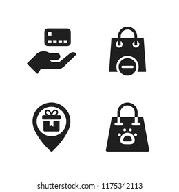 retail icon. 4 retail vector icons set. shopping bag, credit card and gift shop location icons for web and design about retail theme