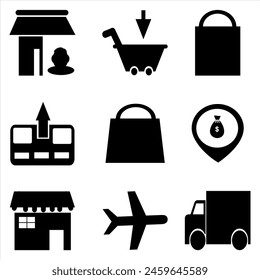 retail icon. 9 retail vector icons set. shop icons, trade trucks and planes, as well as shops for web and retail themed designs