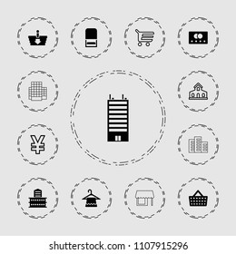 Retail icon. collection of 13 retail filled and outline icons such as credit card, building, hanger, shopping cart, shopping bag. editable retail icons for web and mobile.