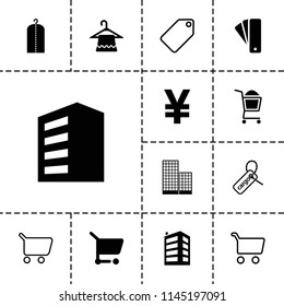 Retail icon. collection of 13 retail filled and outline icons such as building, tag, hanger, clothes on hanger, shopping cart, yuan. editable retail icons for web and mobile.