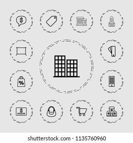 Retail icon. collection of 13 retail outline icons such as tag, building, business center, hanger, bag, dollar sign in cloud. editable retail icons for web and mobile.