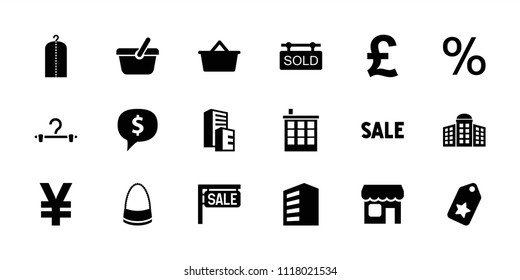 Retail icon. collection of 18 retail filled icons such as building, building   isolated  sign symbol, clothes on hanger, bag, tag. editable retail icons for web and mobile.