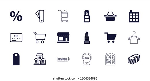 Retail icon. collection of 18 retail filled and outline icons such as store, business center, building, office supply, shopping cart. editable retail icons for web and mobile.