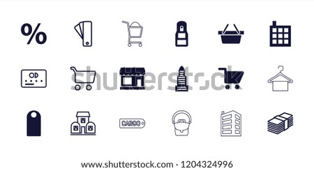 Retail icon. collection of 18 retail filled and outline icons such as store, business center, building, office supply, shopping cart. editable retail icons for web and mobile.
