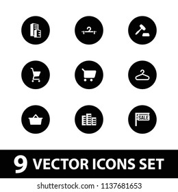 Retail icon. collection of 9 retail filled icons such as building, hanger, shopping cart, auction, shopping bag. editable retail icons for web and mobile.