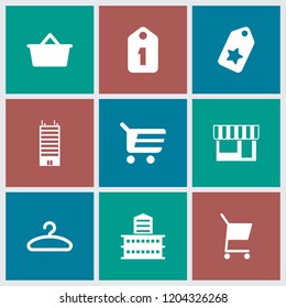 Retail icon. collection of 9 retail filled icons such as building, shopping cart, tag, hanger, shopping bag. editable retail icons for web and mobile.