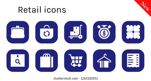  retail icon set. 10 filled retail icons. Simple modern icons about  - Purse, Bag, Trolley, Sale time, Reduce, Package, Shopping bag, Shopping cart, Hanger, Receipt