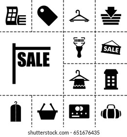 Retail icon. set of 13 filled retailicons such as building, modern curved building, credit card, hanger, clothes on hanger, bar code scanner, sport bag, tag, sale