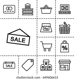 Retail icon. set of 13 outline retail icons such as building, tag, credit card, cargo on palette, sale tag, shop, shopping cart, store, sale, shopping sale