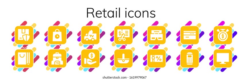 retail icon set. 14 filled retail icons. Included Package, Shopping bag, Delivery, Bag, Van, Payment, Voucher, Basket, Shop, Gift voucher, Card, Payment terminal, Sale time icons