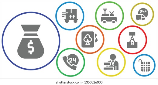 retail icon set. 9 filled retail icons.  Collection Of - Bag, Trolley, Van, 24h, Cashier, Cards, Package, Delivery truck, Basket
