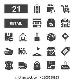 retail icon set. Collection of 21 filled retail icons included Hand bag, Package, Shopping bag, Delivery truck, Leather, Label, Grocery, Corner, Barcode, Scanner, Sign, Bag, Cart