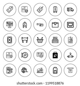 Retail icon set. collection of 25 outline retail icons with banner, basket, cart, card, hanger, label, mall, package, payment method, payment icons. editable icons.
