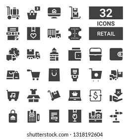 retail icon set. Collection of 32 filled retail icons included Sign, Cashier, Package, Receipt, Payment, Shop, Discount, Dollar, Shopping online, Trolley, Shopping cart, Delivery
