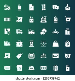 retail icon set. Collection of 36 filled retail icons included Paper bag, Shopping bag, Barcode, Shopping cart, Shop, Cheque, Sign, Shelf, Bag, Price tag, Shopping online, Package