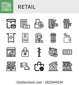 retail icon set. Collection of Online payment, Postal delivery, Payment method, Wallet, Sign, Online shop, Banner, Card, Clerk, Online order, shopping, Bag, Coat rack icons