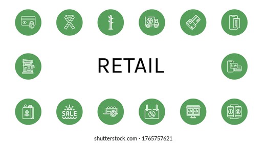 conjunto de iconos de venta al por menor. Colección de pago seguro, cinta de opciones, cremallera de abrigo, camión, tarjeta de crédito, pago en línea, bolsa de compras, venta de verano, carro, descuento, pedido en línea, iconos de compras en línea