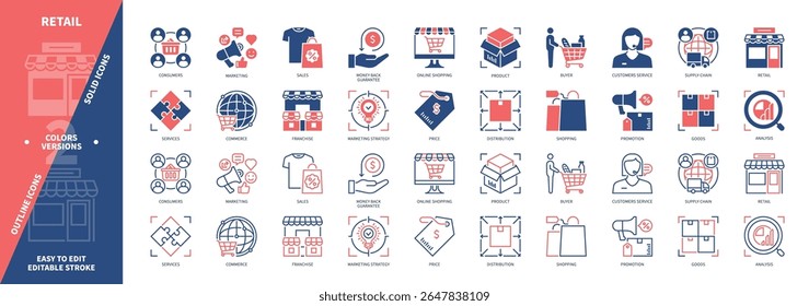 Retail icon set. Franchise, Distribution, Analysis, Consumers, Marketing Strategy, Shopping, Supply Chain, Sales. Duotone color solid and editable outline icons