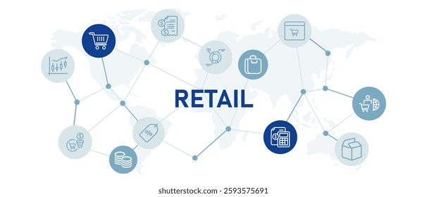 Retail icon set with illustration customer service commercial management satisfaction convenience store market stock planning development promotion distribution supply design