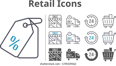 retail icon set included 24-hours, shop, price tag, shopping cart, delivery truck icons