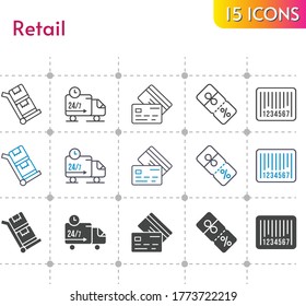 retail icon set. included discount, delivery truck, credit card, barcode, trolley icons on white background. linear, bicolor, filled styles.