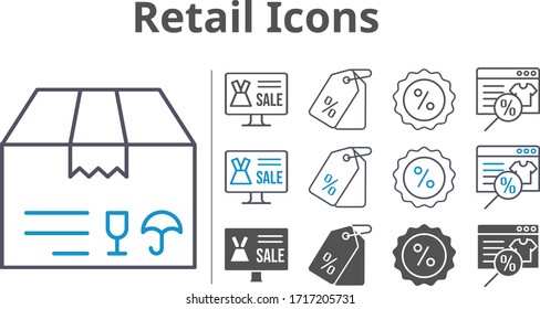 retail icon set included online shop, package, price tag, discount icons