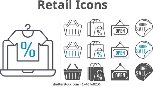 retail icon set included online shop, shopping bag, sale, shopping-basket, shopping basket, open icons