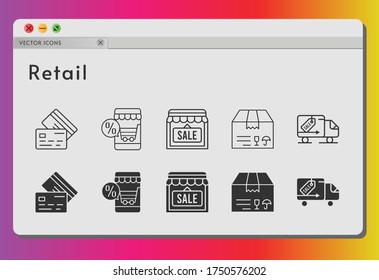 retail icon set. included online shop, shop, package, credit card, delivery truck icons on white background. linear, filled styles.