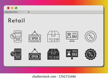 retail icon set. included online shop, package, discount, open icons on white background. linear, filled styles.