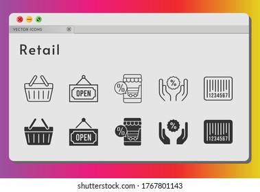 retail icon set. included online shop, discount, shopping-basket, barcode, shopping basket, open icons on white background. linear, filled styles.