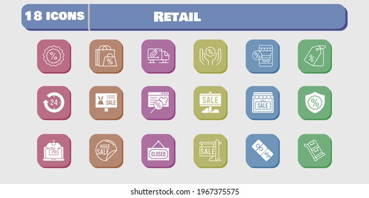 retail icon set. included online shop, shopping bag, sale, 24-hours, shop, price tag, warranty, closed, discount, delivery truck icons on white background. linear, filled styles.