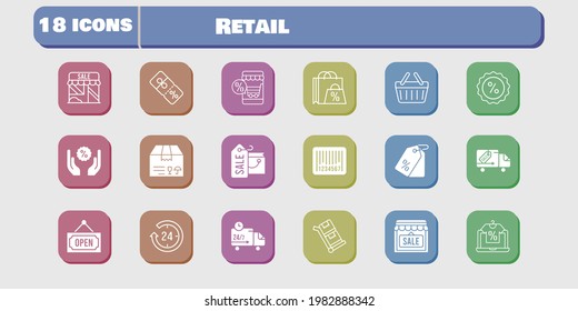 retail icon set. included online shop, shopping bag, 24-hours, shop, package, price tag, discount, delivery truck, barcode icons on white background. linear, filled styles.