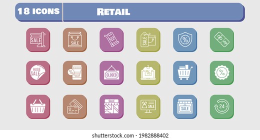 retail icon set. included online shop, shopping bag, 24-hours, sale, shop, shopping cart, discount, warranty, closed, shopping-basket icons on white background. linear, filled styles.