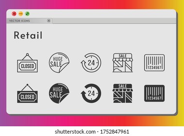 retail icon set. included sale, 24-hours, shop, closed, barcode icons on white background. linear, filled styles.