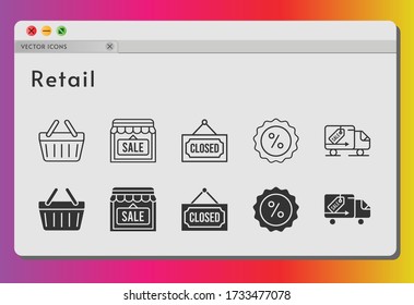 retail icon set. included shop, closed, discount, shopping-basket, delivery truck, shopping basket icons on white background. linear, filled styles.