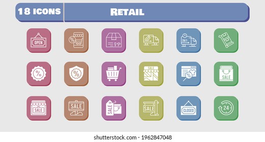 retail icon set. included shop, package, discount, delivery truck, trolley, online shop, shopping bag, sale, 24-hours, shopping cart icons on white background. linear, filled styles.