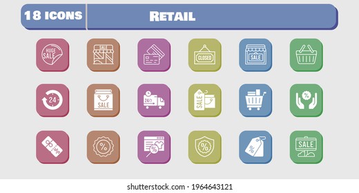 retail icon set. included shop, discount, delivery truck, shopping basket, online shop, shopping bag, sale, 24-hours, price tag icons on white background. linear, filled styles.