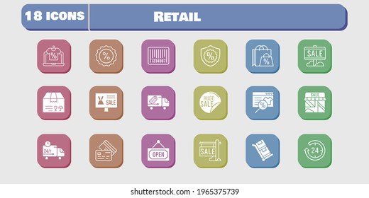retail icon set. included shop, package, discount, delivery truck, trolley, online shop, shopping bag, sale, 24-hours, warranty icons on white background. linear, filled styles.