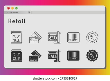 retail icon set. included shopping bag, sale, discount, credit card, barcode icons on white background. linear, filled styles.
