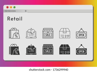 retail icon set. included shopping bag, online shop, shop, package, open icons on white background. linear, filled styles.