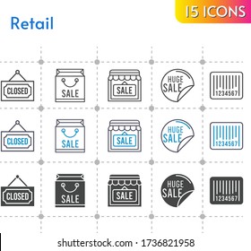 retail icon set. included shopping bag, sale, shop, closed, barcode icons on white background. linear, bicolor, filled styles.