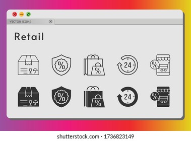 retail icon set. included shopping bag, online shop, 24-hours, package, warranty icons on white background. linear, filled styles.