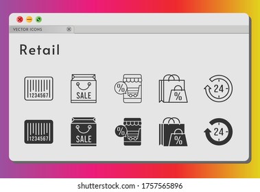 retail icon set. included shopping bag, online shop, 24-hours, barcode icons on white background. linear, filled styles.