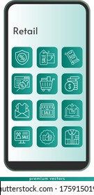 retail icon set. included shopping bag, online shop, newsletter, shirt, shop, money, like, shopping cart, warranty, trolley icons on phone design background . linear styles.